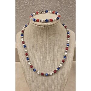 Vintage Sterling Silver Red, White & Blue Cats Eyes Bead Bracelet & Necklace